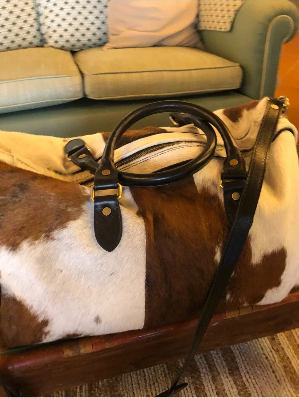 Italian Italy Brown and White Cowhide Leather Men’s Duffle Shoulder Bag